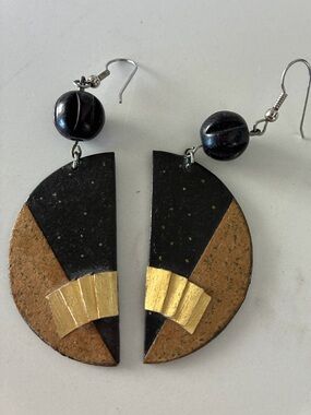 Handcrafted Black and Gold Semi-Circle Drop Earrings, Artist Signed